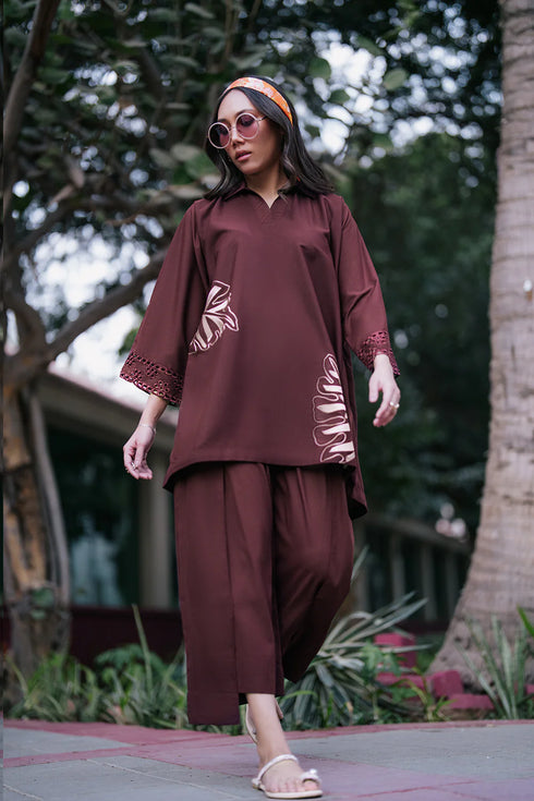 Azure Cinnamon Storm – Deep Maroon Matching Set with Fold Flair Trousers
