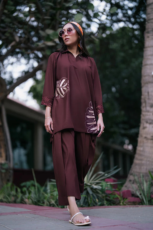Azure Cinnamon Storm – Deep Maroon Matching Set with Fold Flair Trousers