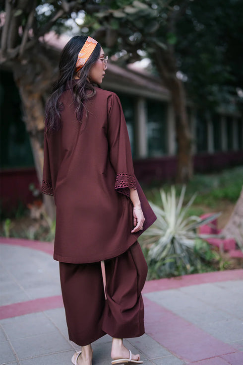 Azure Cinnamon Storm – Deep Maroon Matching Set with Fold Flair Trousers