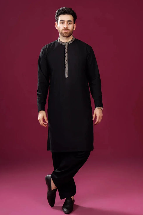 Muraqsh – Formal Black Pattern Collar Neck Embroidered Kurta Shalwar – Men | Ready to Wear