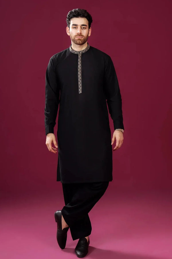 Muraqsh – Formal Black Pattern Collar Neck Embroidered Kurta Shalwar – Men | Ready to Wear