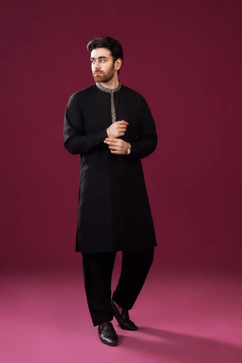 Muraqsh – Formal Black Pattern Collar Neck Embroidered Kurta Shalwar – Men | Ready to Wear
