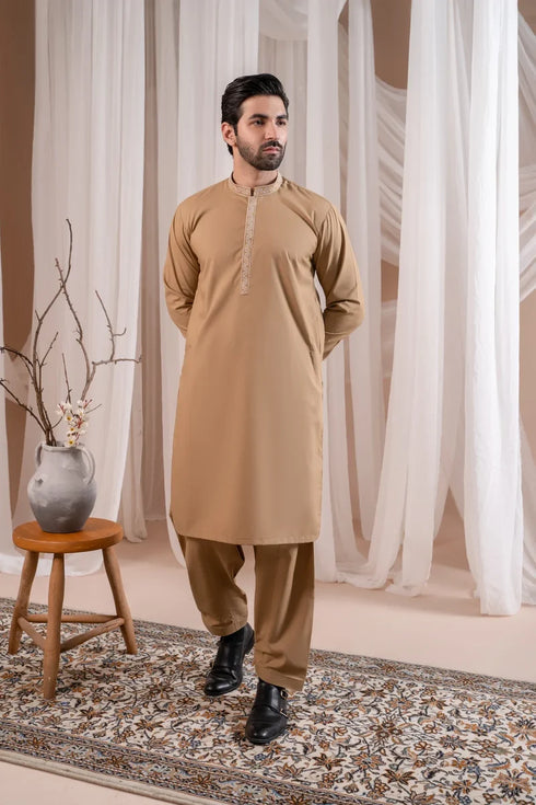 Muraqsh - Formal Camel Kurta Shalwar Embroidered β Men | Ready to Wear