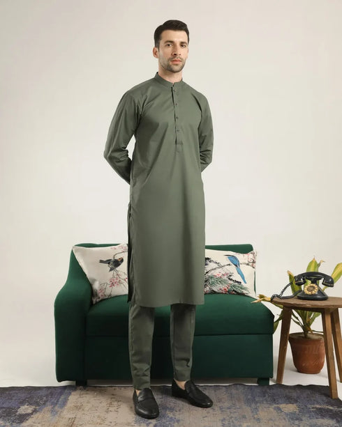 Muraqsh – Army Green Soft Cotton Kurta Trouser – Men | Ready to Wear