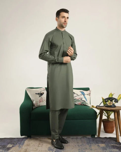Muraqsh – Army Green Soft Cotton Kurta Trouser – Men | Ready to Wear