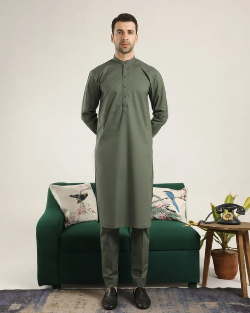 Muraqsh – Army Green Soft Cotton Kurta Trouser – Men | Ready to Wear