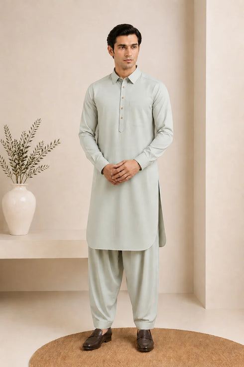 Muraqsh – Ash Mint French Collar Kameez Shalwar – Men | Ready to Wear