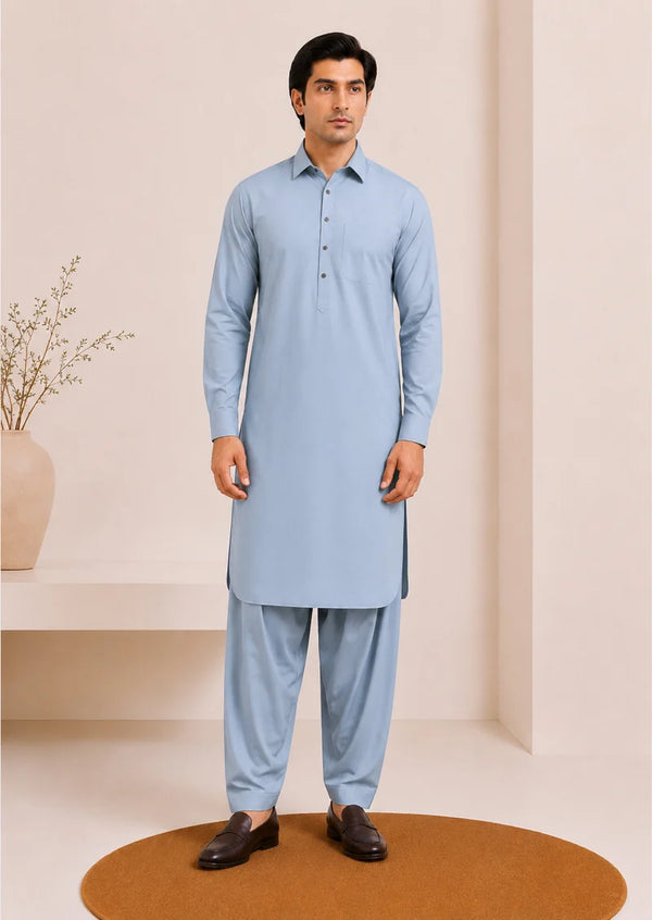 Muraqsh – Powder Blue French Collar Kameez Shalwar – Men | Ready to Wear