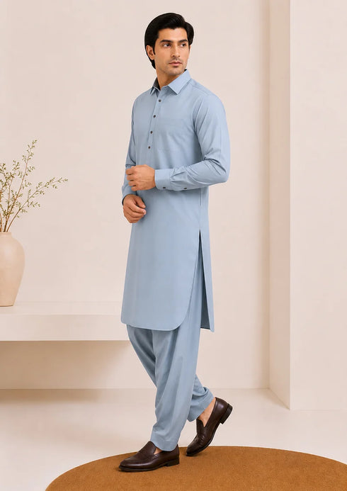 Muraqsh – Powder Blue French Collar Kameez Shalwar – Men | Ready to Wear