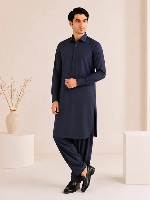 Muraqsh – Navy Blue French Collar Kameez Shalwar – Men | Ready to Wear