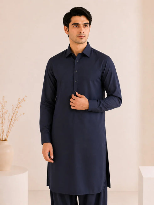 Muraqsh – Navy Blue French Collar Kameez Shalwar – Men | Ready to Wear