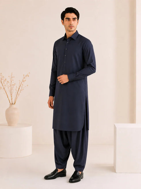 Muraqsh – Navy Blue French Collar Kameez Shalwar – Men | Ready to Wear
