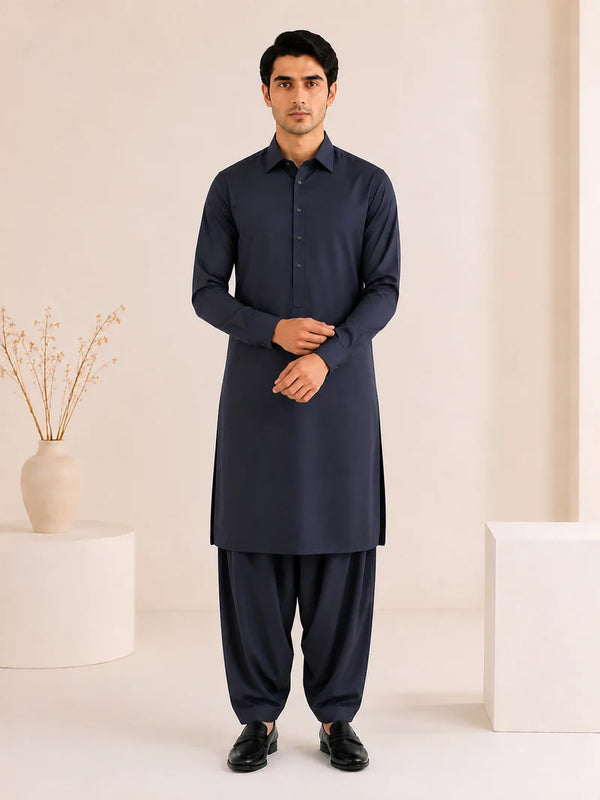 Muraqsh – Navy Blue French Collar Kameez Shalwar – Men | Ready to Wear