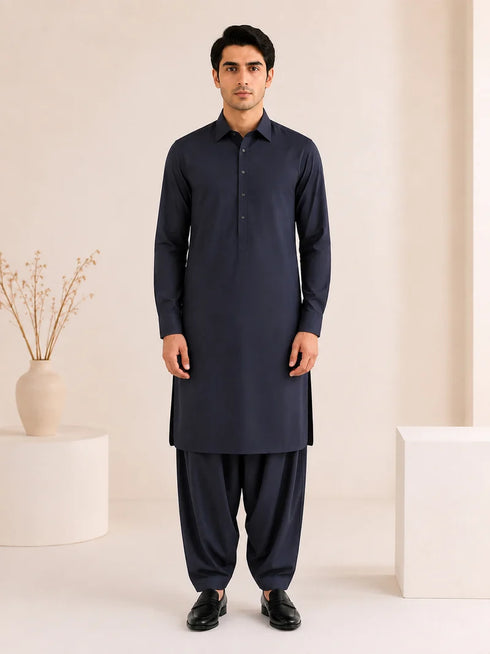 Muraqsh – Navy Blue French Collar Kameez Shalwar – Men | Ready to Wear