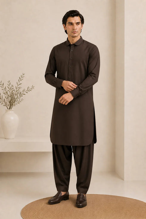 Muraqsh – Dark Brown French Collar Kameez Shalwar – Men | Ready to Wear