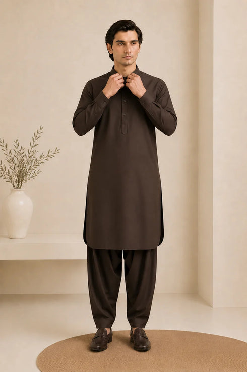 Muraqsh – Dark Brown French Collar Kameez Shalwar – Men | Ready to Wear