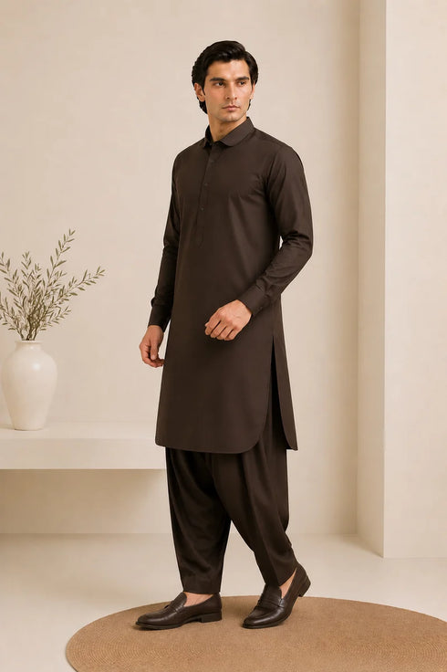 Muraqsh – Dark Brown French Collar Kameez Shalwar – Men | Ready to Wear