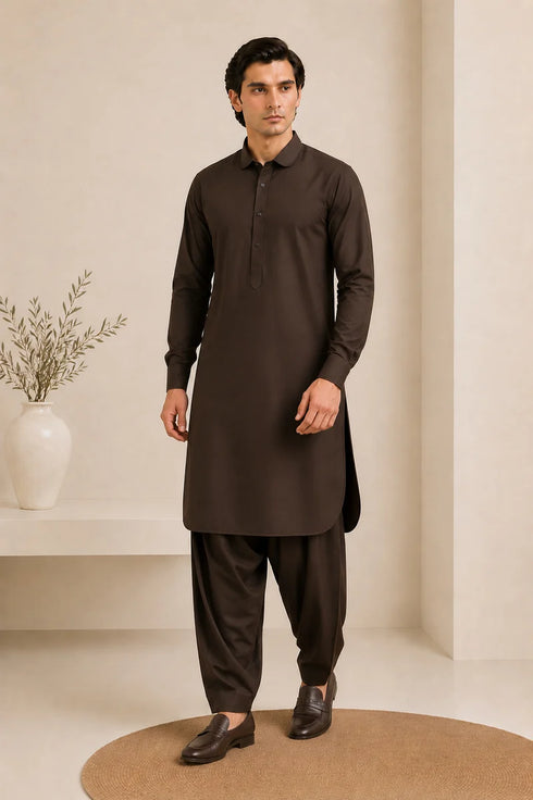 Muraqsh – Dark Brown French Collar Kameez Shalwar – Men | Ready to Wear