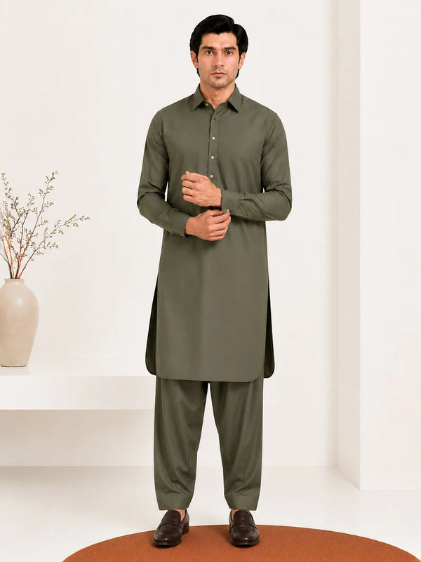Muraqsh – Olive Green French Collar Kameez Shalwar – Men | Ready to Wear