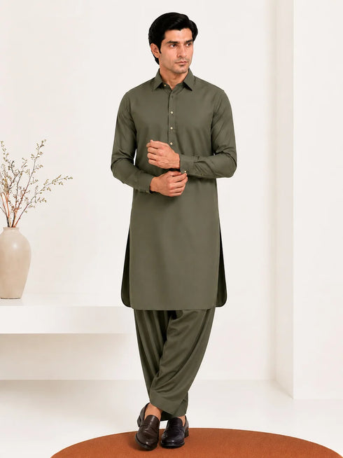 Muraqsh – Olive Green French Collar Kameez Shalwar – Men | Ready to Wear