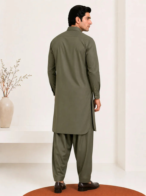 Muraqsh – Olive Green French Collar Kameez Shalwar – Men | Ready to Wear