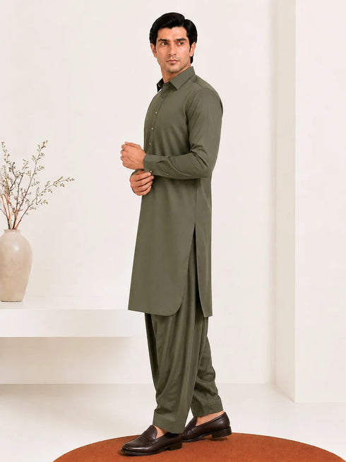 Muraqsh – Olive Green French Collar Kameez Shalwar – Men | Ready to Wear