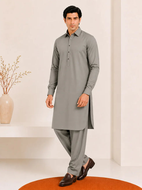 Muraqsh – Sand Grey French Collar Kameez Shalwar – Men | Ready to Wear