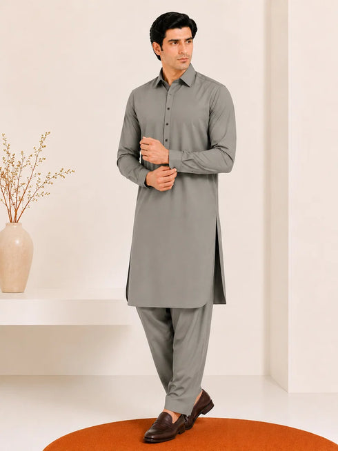 Muraqsh – Sand Grey French Collar Kameez Shalwar – Men | Ready to Wear