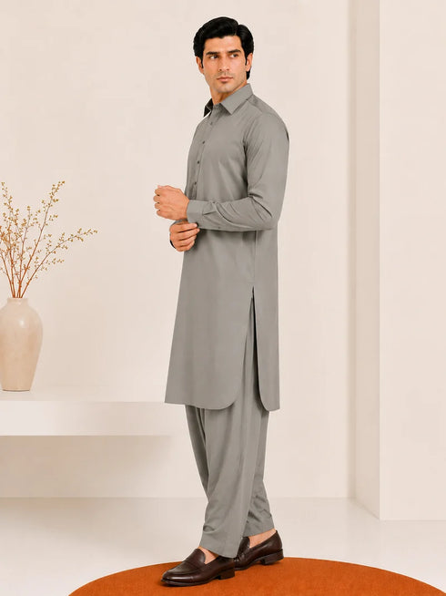 Muraqsh – Sand Grey French Collar Kameez Shalwar – Men | Ready to Wear